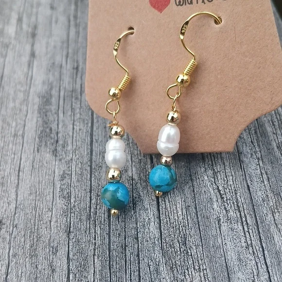 Turquoise & Pearl Dangle Earrings - Picture 4 of 4